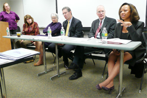 A panel of distinguished chief financial officers from nonprofit organizations conducted a round- table at Your Part-Time Controller's annual staff training. From left, YPTC's Joanna Reiner moderates the discussion with Pat Meller of The Philadelphia Foundation, Miriam Schaefer from The Chemical Heritage Foundation, Lou Mayer of St. Joseph's University, Jeff Perkins from The Franklin Institute, and Regine Metellus from The Urban League of Philadelphia. The panelists shared their insights, experiences and recommen- dations to help nonprofits weather the current economic downturn.