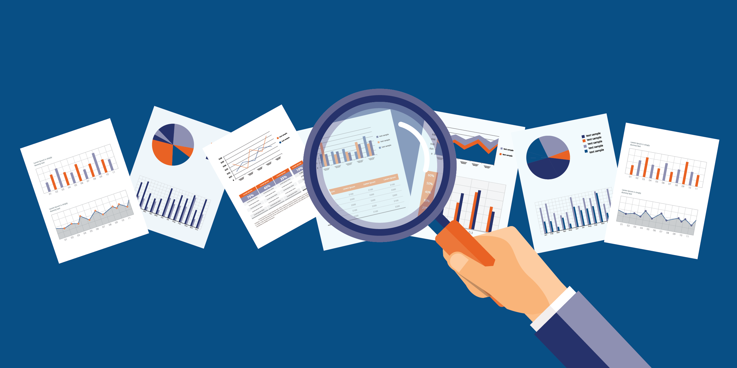 magnifying glass reviewing reports