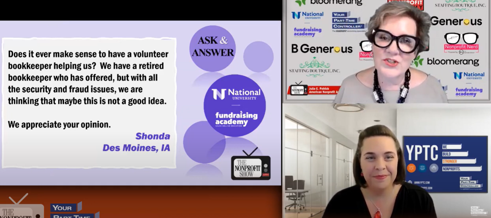 Two women on the nonprofit show with questions up