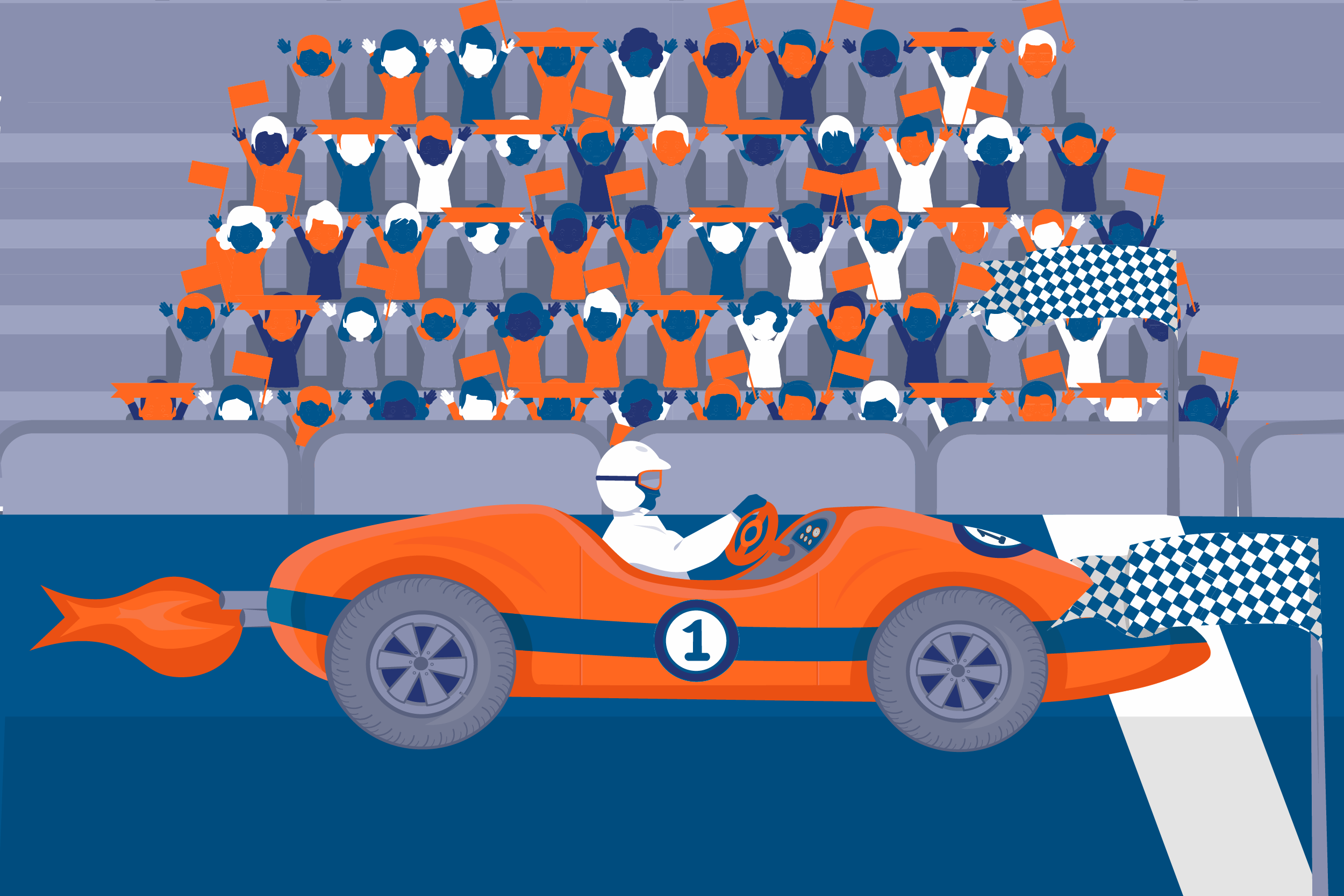 Racecar image with YPTC color theme of orange and blue