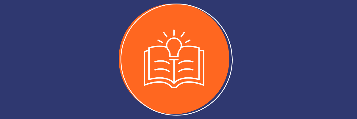orange circle with book and lightbulb signifying education