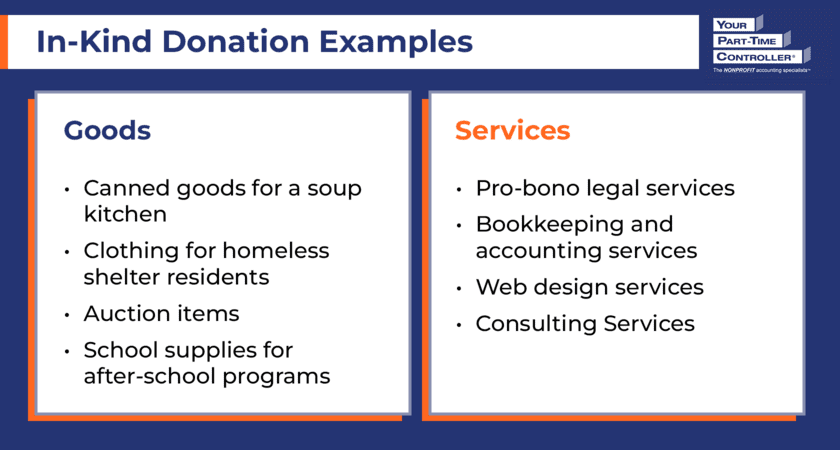 Examples of the two types of in-kind donations: goods and services, as outlined in the text below.