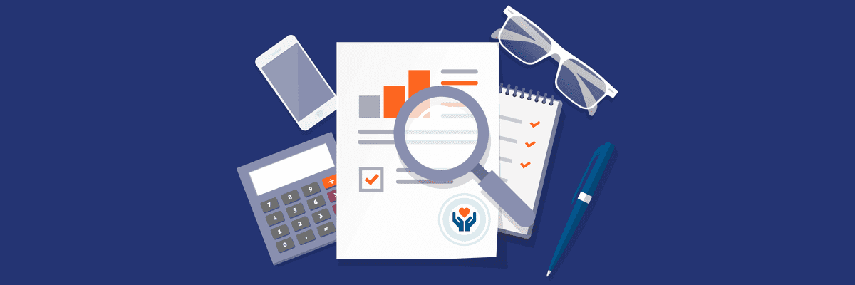 An illustration of a nonprofit accounting report with a magnifying glass, a calculator, a smartphone, a pair of glasses, a checklist, and a pen.