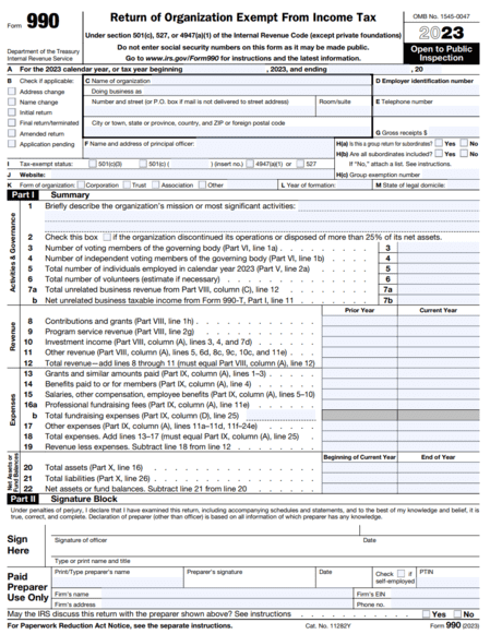 An example of Form 990, an important nonprofit accounting document.