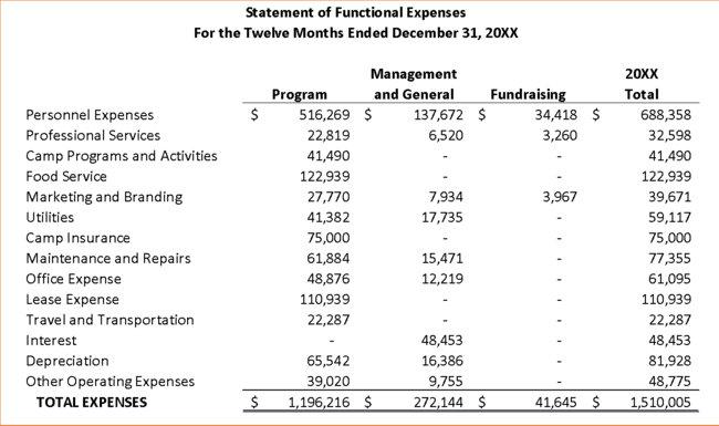 A nonprofit accounting statement of functional expenses template.