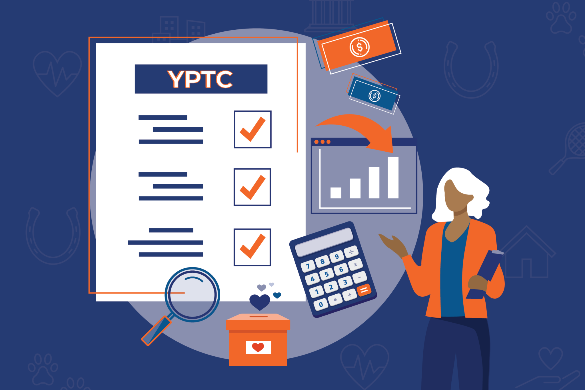 An illustration of a woman discussing the tools YPTC uses to offer their nonprofit accounting services.