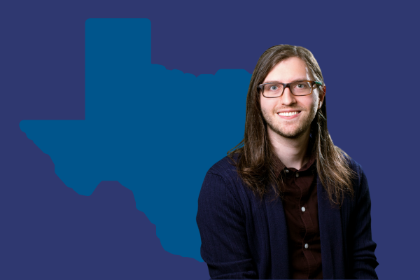 Dallas-Fort Worth YPTC Office Director Eric Wilson in front of outline of Texas state, representing YPTC's accounting for non profit organizations in the DFW area