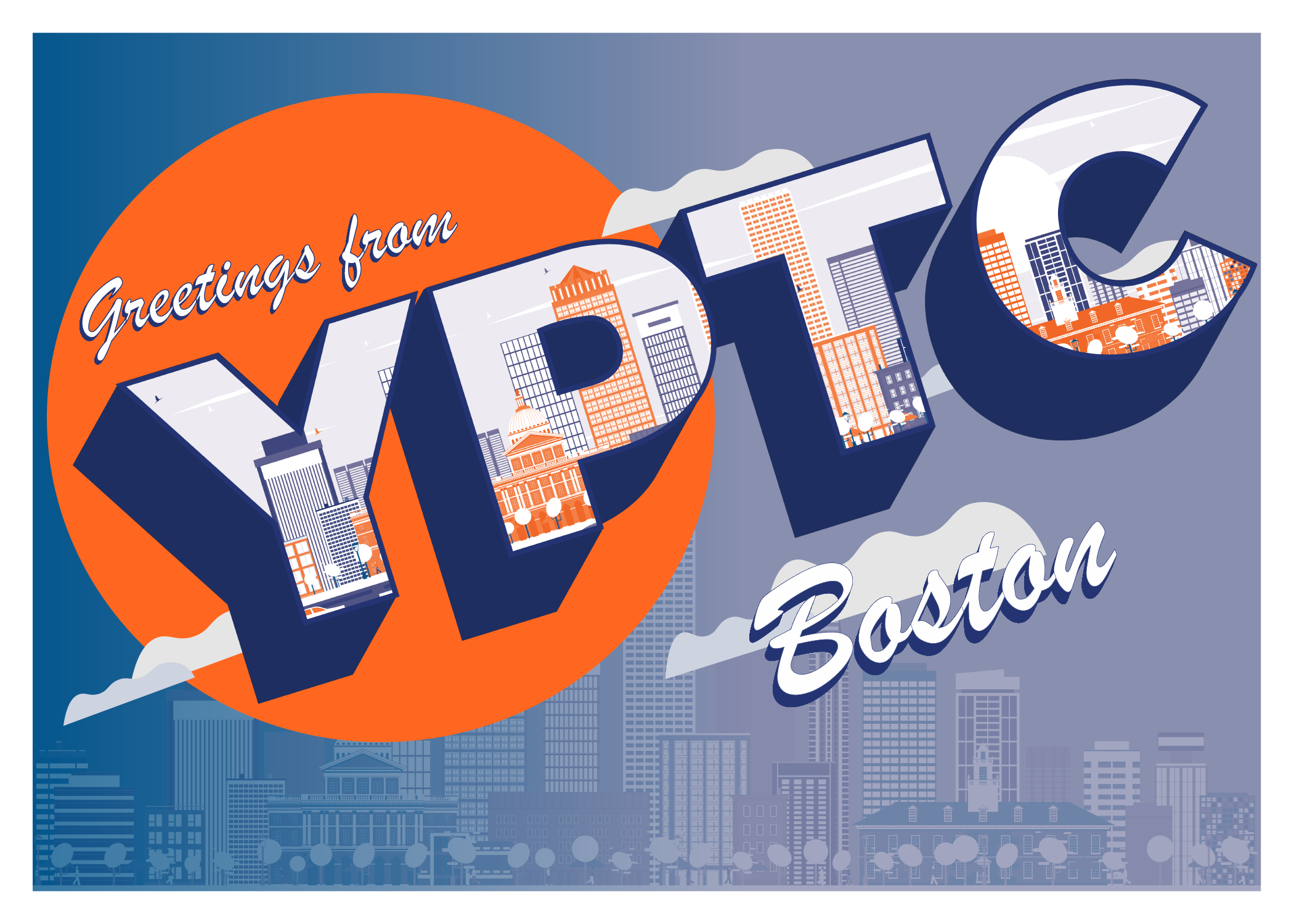 A YPTC themed postcard that reads "Greetings from YPTC Boston" with a backdrop of Boston, demonstrating YPTC's presence in the Boston area and their available nonprofit accounting jobs in the area