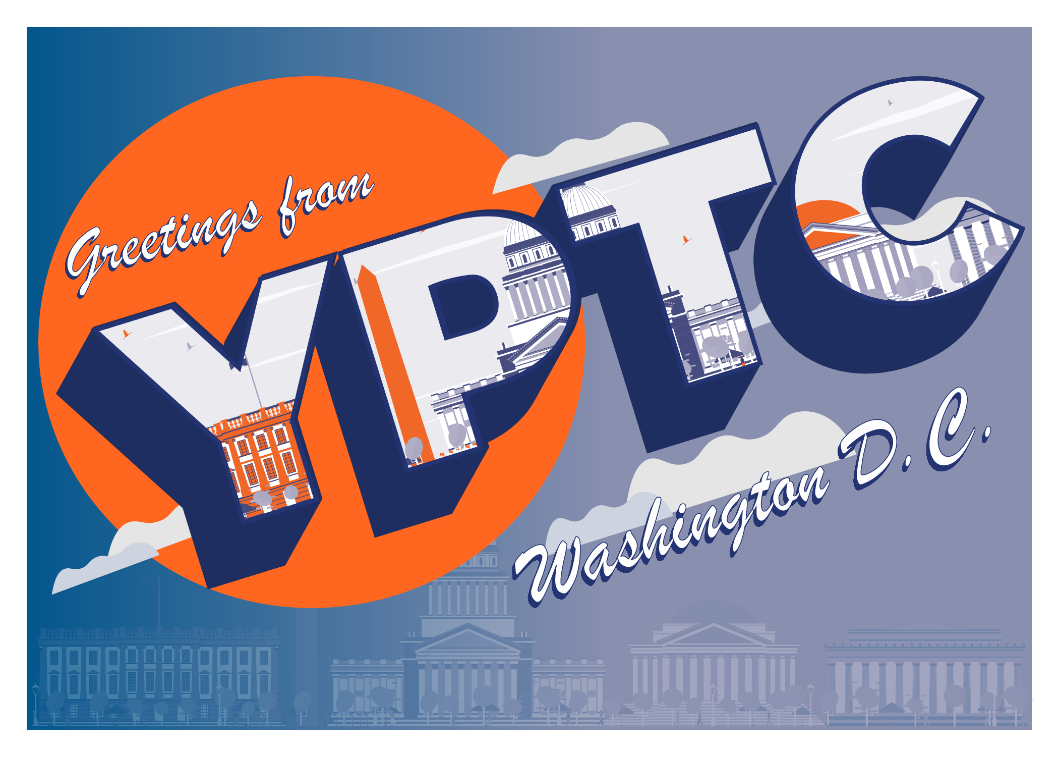 A YPTC themed postcard that reads "Greetings from YPTC Washington DC" with a backdrop of Washington DC, demonstrating YPTC's presence in the DC area and their available nonprofit accounting jobs in the area