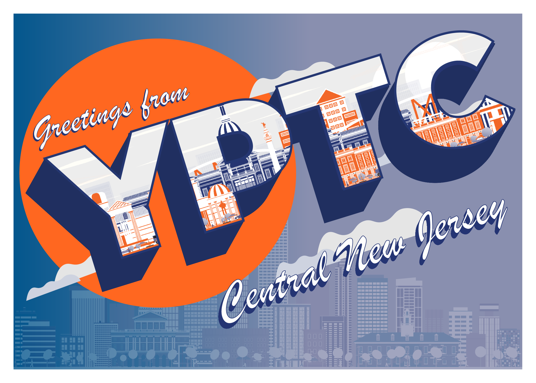 A YPTC themed postcard that reads "Greetings from YPTC Central New Jersey" with a backdrop of New Jersey, demonstrating YPTC's presence in the New Jersey area and their available nonprofit accounting jobs in the area