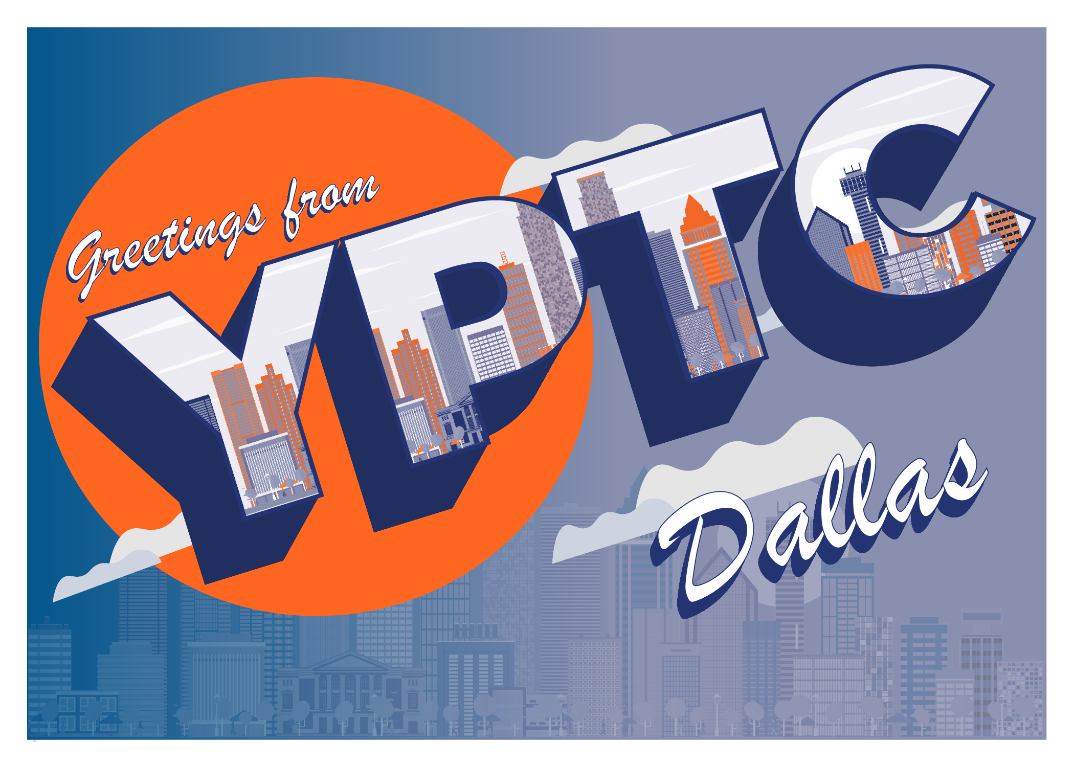 A YPTC themed postcard that reads "Greetings from YPTC Dallas" with a backdrop of Dallas, demonstrating YPTC's presence in the Dallas area and their available nonprofit accounting jobs in the area