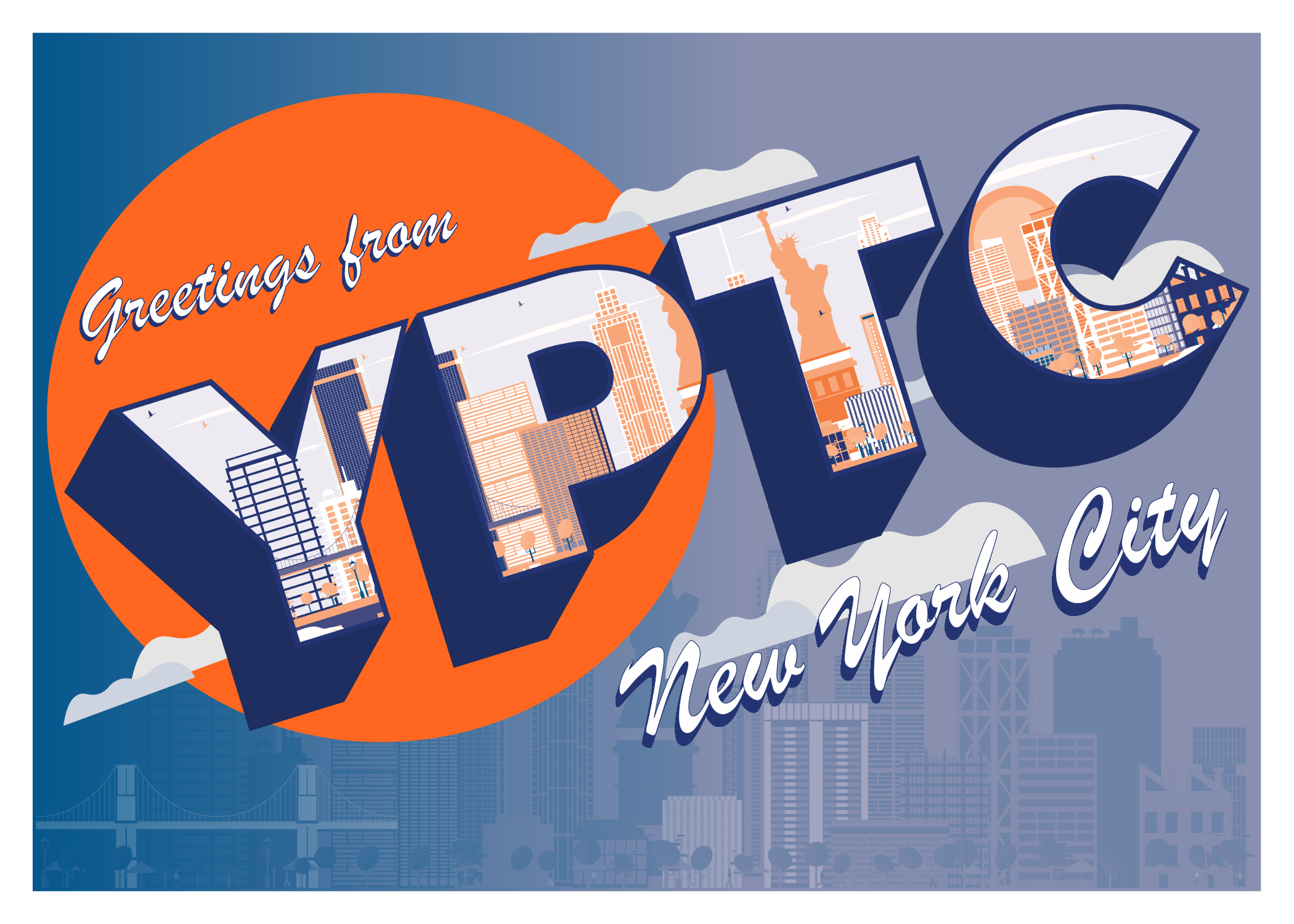 A YPTC themed postcard that reads "Greetings from YPTC New York" with a backdrop of New York, demonstrating YPTC's presence in the New York area and their available nonprofit accounting jobs in the area