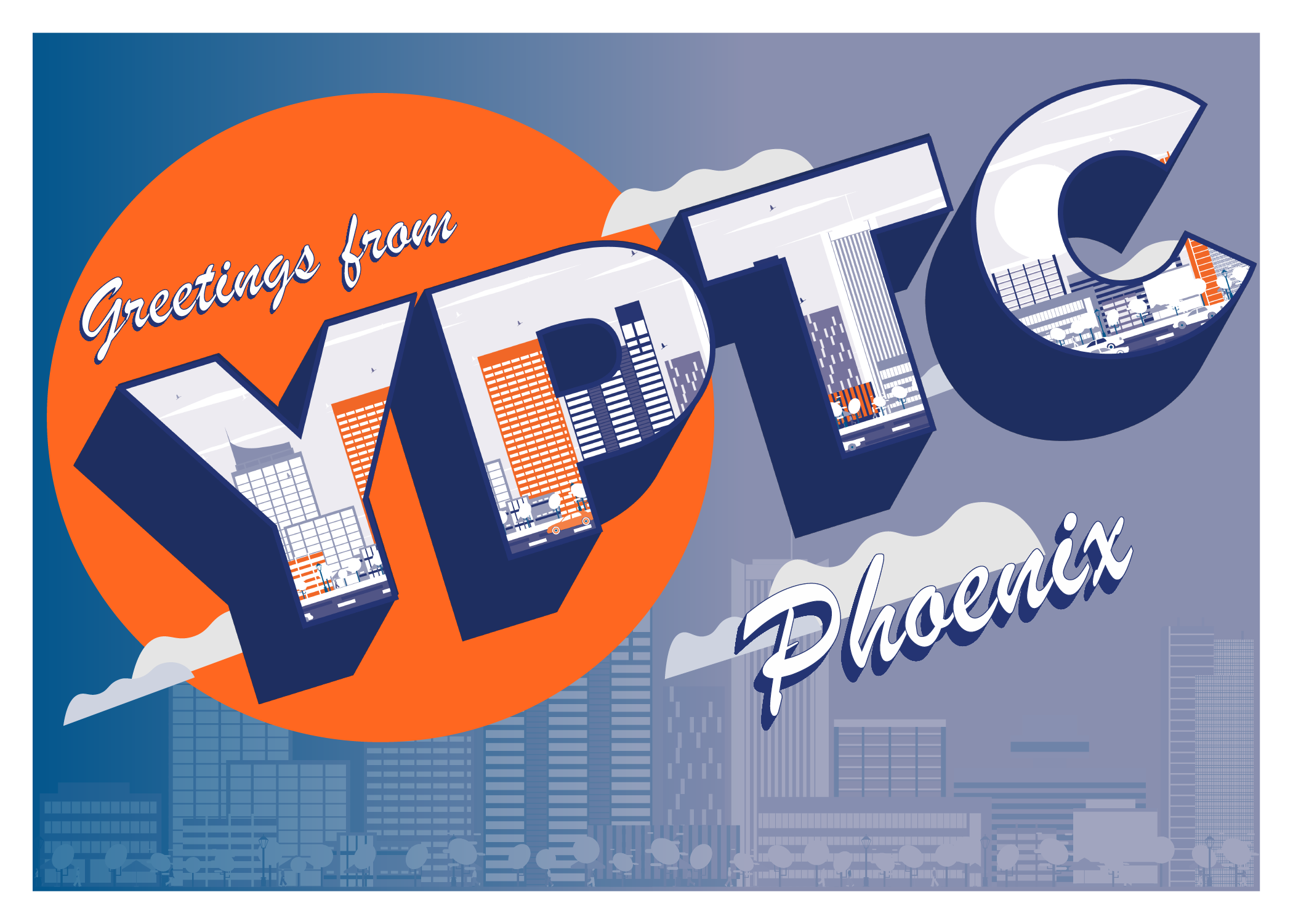 A YPTC themed postcard that reads "Greetings from YPTC Phoenix" with a backdrop of Phoenix, demonstrating YPTC's presence in the Phoenix area and their available nonprofit accounting jobs in the area