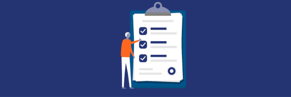 Graphic of a man standing in front of a checklist. This depicts the FAQs we answer in YPTC's blog post about cost allocations and NICRA