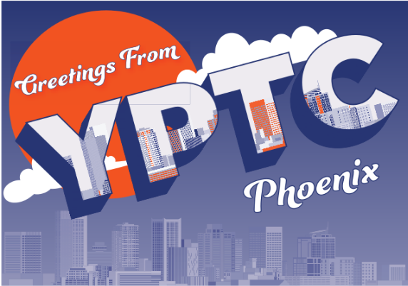 A postcard of Phoenix Arizona in YPTC brand colors representing YPTC's expert nonprofit accounting and fractional CFO services for Arizona nonprofits