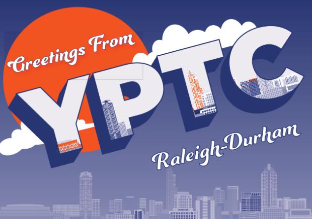 A postcard of Raleigh-Durham, North Carolina in YPTC brand colors representing YPTC's expert nonprofit accounting and fractional CFO services for nonprofits in Raleigh-Durham