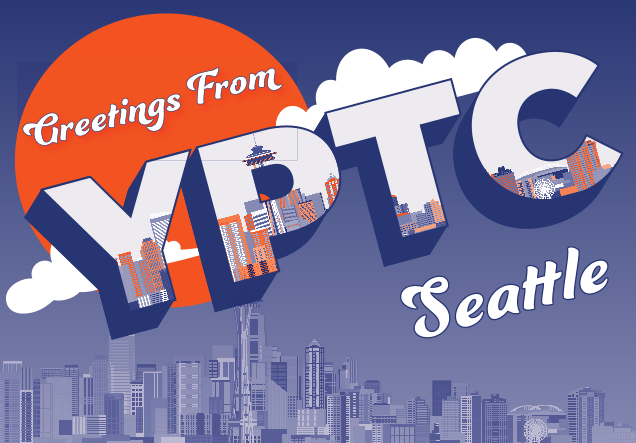 A seattle washington themed postcard in YPTC colors, representing YPTC's expert nonprofit accounting and fractional CFO services in Seattle, Portland and the greater Pacific Northwest