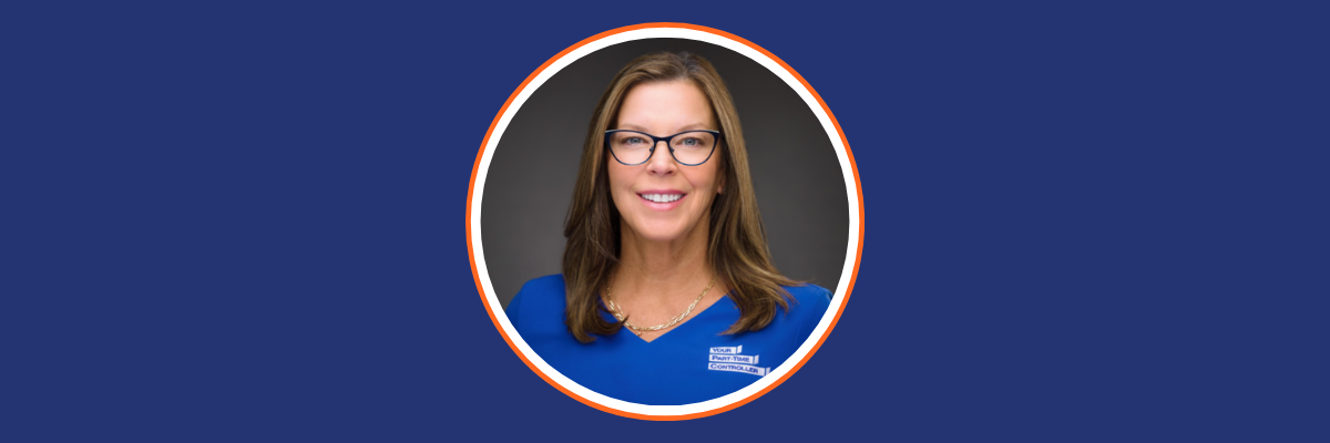 photo of Jennifer Alleva: a woman with shoulder-length hair, glasses, and Your Part-Time Controller shirt.